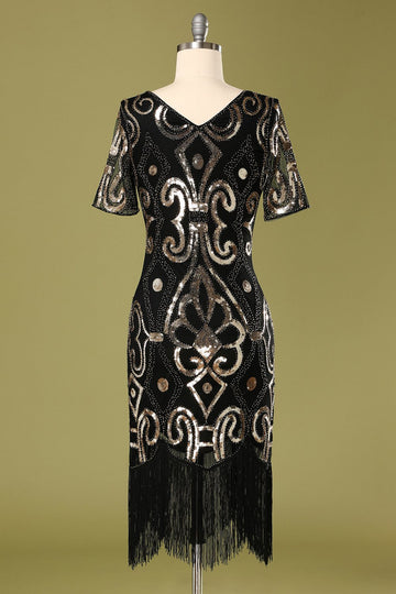 Vestido Flapper de lantejoulas pretas da década de 1920